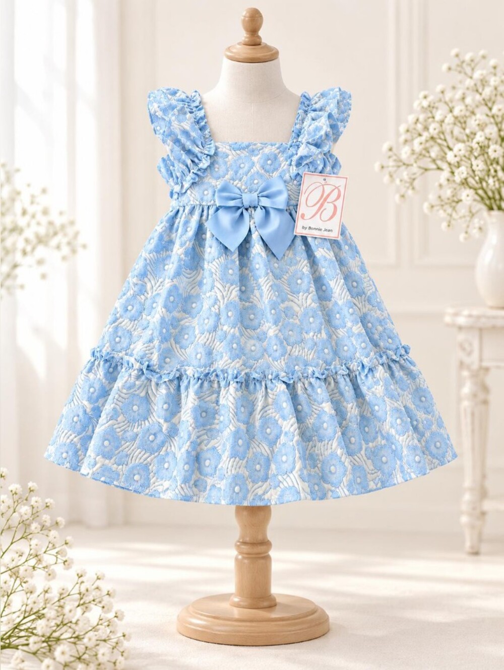 Bonnie Jean Blue Floral Eyelet Dress with Satin Bow for Girls